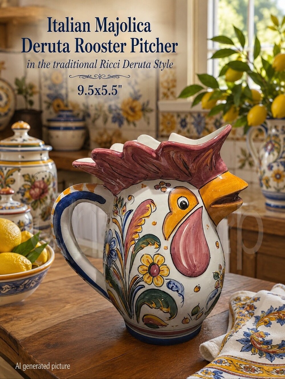 Italian Majolica Deruta Rooster Pitcher Traditional Ricci Deruta Style 9.5x5.5"